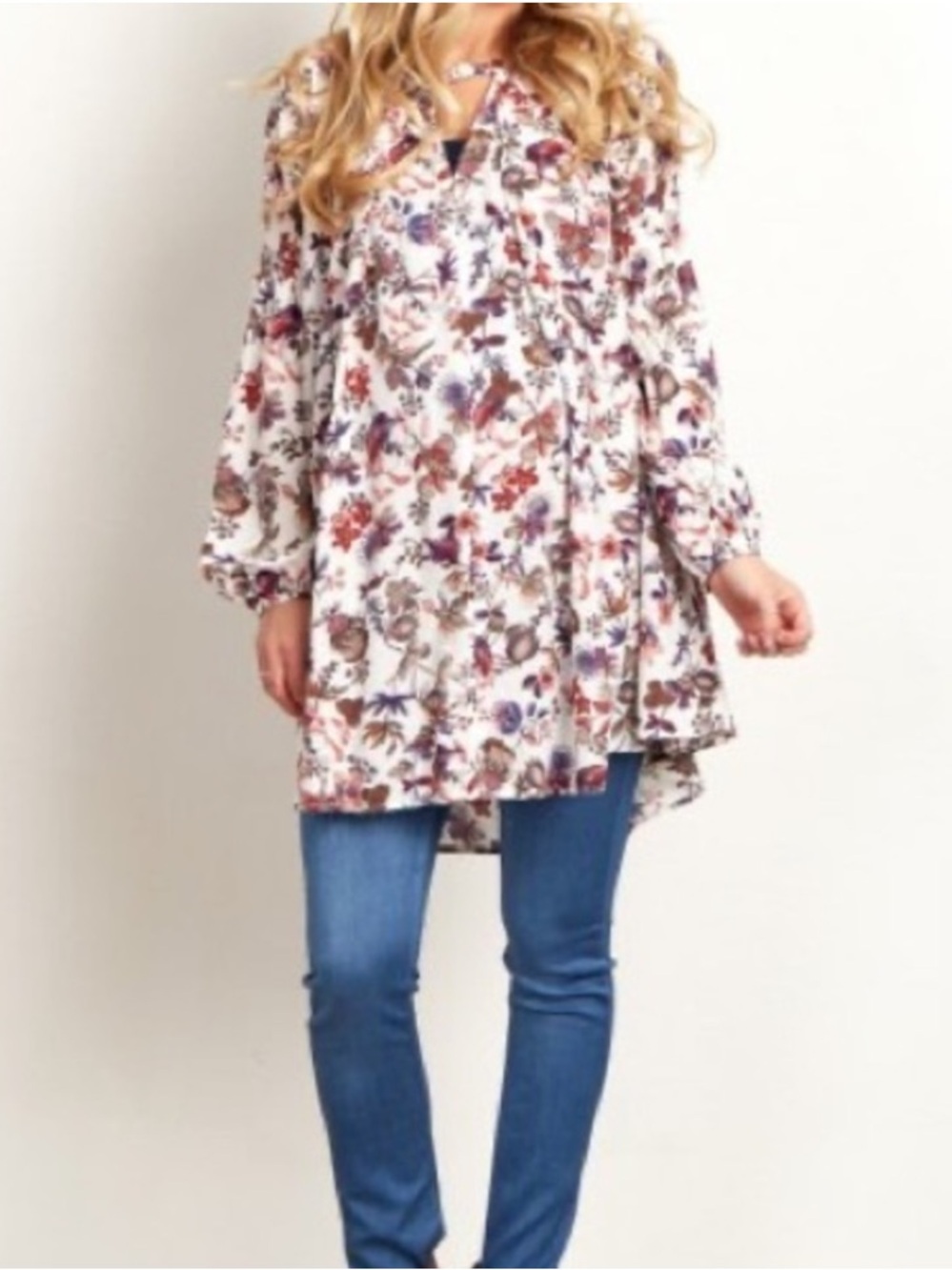 umgee Floral Blouson Long sleeve Tunic Dress Cutout Neckline M Medium Purple Red